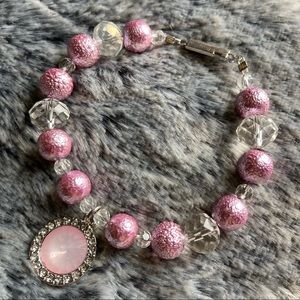 Pink Rhinestone Charm Bracelet w/ Metallic Glass
